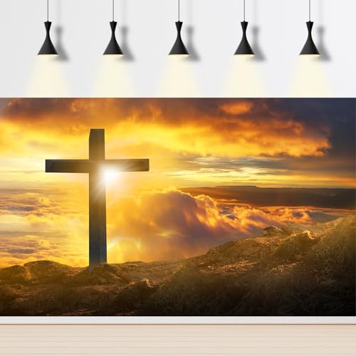 Jesus Christ Cross Backdrop Mountain Crosses Sunrise Sunset Background Crucifixion Church Event Background Decorations Sepulcher Lord Pray Christian Backdrop Easter Religious Belief Props 5x3ft - color: Orange_Grey, size: 5x3ft