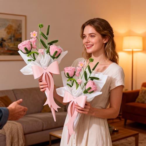 2PCS Valentines Day Gifts Finished Pipe Cleaner Roses,Handmade Pink Rose Bouquet with Bow Gift Box Ready-to-Gift Artificial Flowers for Valentine’s Day, Weddings, Birthdays, Party Decor - color: Rose