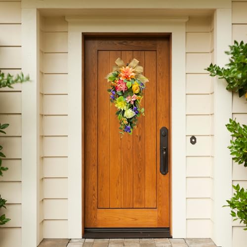 Svndlyn Spring Summer Floral Teardrop Swags Lighted Mixed Flower Teardrop Wreath with Dahlia Pinnata Peonies Rose Burlap Bow and Eucalyptus Leaves Floral Arrangement for Door Wall Mantel Window