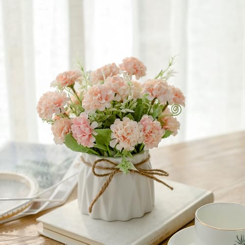 TKAS Fake Flowers Arrangement in Ceramic Vase, Artificial Faux Silk Hydrangea, Small Realistic Dried-Style Floral, Dining Table Centerpiece for Wedding Party Home Decoration (Pink) - color: Pink