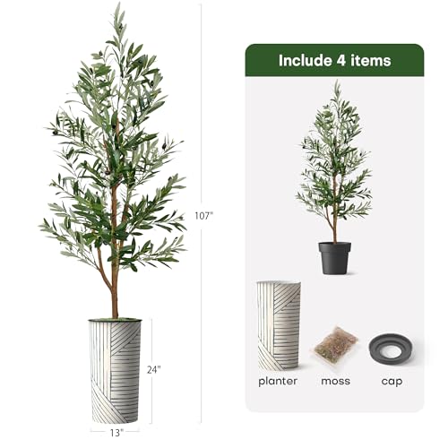 Artificial Tree in Geometric Pattern Planter, Fake Olive Silk Tree for Indoor and Outdoor Home Decoration - 68" Overall Tall (Plant Pot Plus Tree) - style: Olive Tree