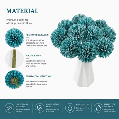 Mandy's 12pcs Artificial Teal Chrysanthemum | 11.8 inch Artificial Mums Flowers for Home Table Centerpiece Summer Decor Silk Flowers for Porch Patio and Wedding - color: Teal