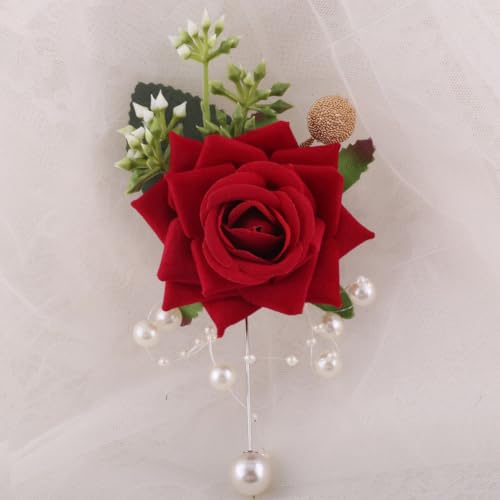 Ruby Red Wrist Corsage and Boutonniere Set for Groom Groomsmen Men Suit Bride Bridesmaid Artificial Flower Wrist Corsage for Wedding Prom Homecoming Party Ruby Red - color: 1 Boutonniere & 1 Corsage (Ruby Red)