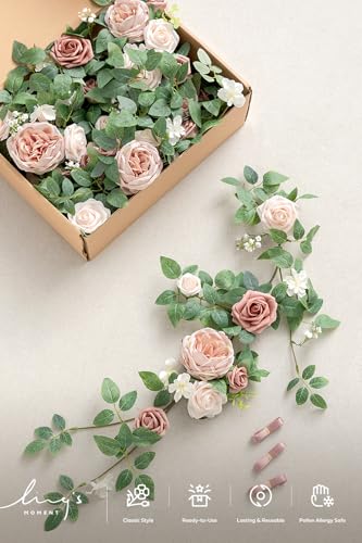 Ling's moment 6Pack 1.8ft Artificial Flowers Garland Dusty Rose Lantern Arch Floral Centerpieces Wedding Aisle Decor Chair Flower for Mantel Signs Table Window Cake Decoration（not Including Lanterns） - color: Pk-dusty Rose & Cream