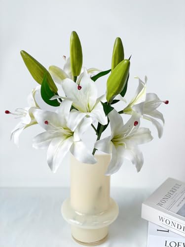 YalzoneMet 2 Pcs White Stargazer Lily Artificial Flowers for Decoration, 28 inch Long Stems Real Touch latex Fake Flowers, Faux Silk Easter Lily for Spring Indoor Home Office Wedding Table Centerpiece - color: White