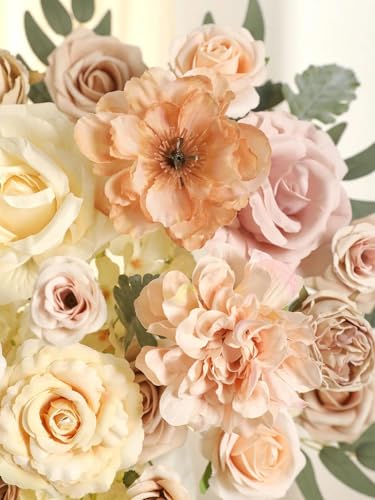 Artificial Flowers Combo Champagne Fake Roses Silk Flowers with Stems for DIY Wedding Bridal Bouquets Floral Arrangement Table Centerpieces Cake Birthday Baby Shower Anniversary Home Decor - color: Beige & Champagne