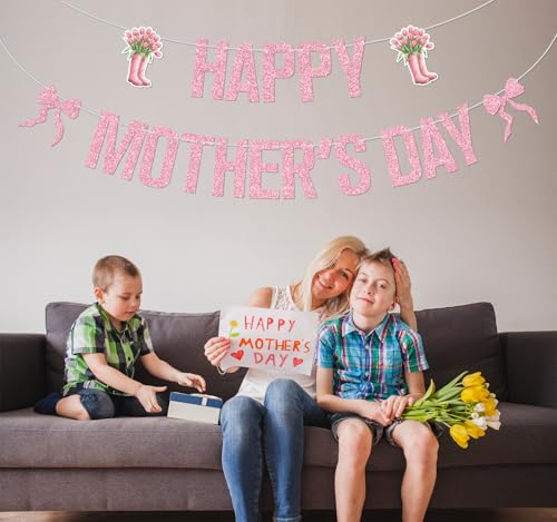 Pink Glitter Happy Mother's Day Banner, Feliz Dia Mama/Best Mom Ever, Bowties Tulip Bouquet Mother's Day Mother's Birthday Party Decorations Supplies