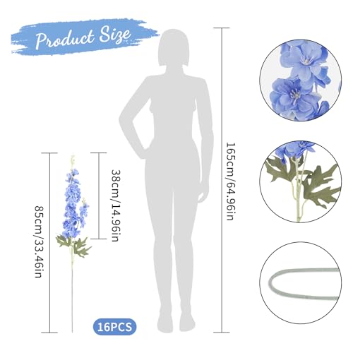 16Pcs Blue Delphinium Artificial Flowers 33.5'' Long Stem Larkspur Faux Silk Flower Bulk for Tall Floor Vase Outdoors Arrangements Home Garden Wedding Decor (Blue) - color: Deep Blue
