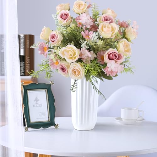 Artificial Flowers Fake Rose Bouquet 3 Pack Artificial Flowers Bouquet Plastic Flower Arrangements Wedding Decoration Table Centerpieces(Purple) - color: Purple