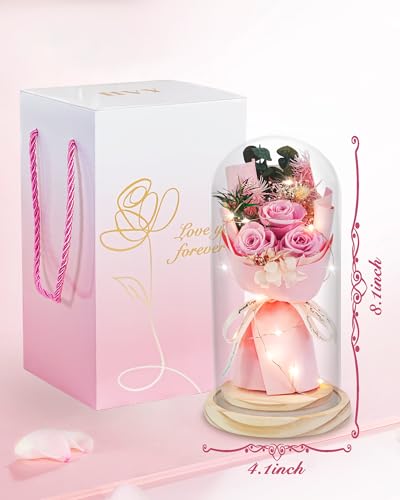 HVY Preserved Flowers Gifts for Her,Preserved Rose Bouquet in Glass Dome,Forever Flowers Fresh Bouquet Present for Women Mothers Day Birthday Gifts for Mom Wife Grandma,Pink Real Rose - color: Pink Rose