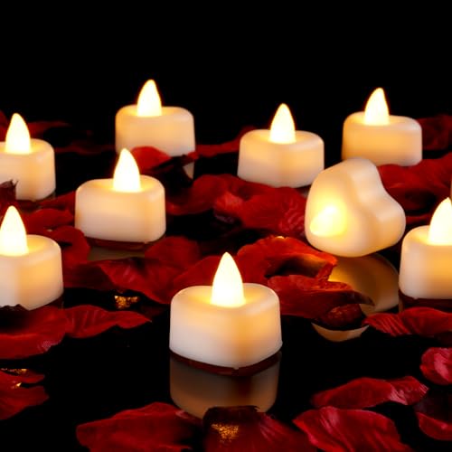 Amagic 1000 Pieces Artificial Rose Petals with 12 Heart LED Tea Lights Candles Kit, Rose Petals and Candles Set for Proposal, Anniversary, Valentine's Day, Special Romantic Night, Wedding Table Decor - color: 12 Pcs White Candles + 1000 Pcs Red-Black Peta