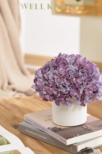 Hydrangea Fake Flowers in Vase, Artificial Flowers with Ceramic Vase Small Faux Potted Floral Arrangements for Bathroom Home Desk Kitchen Counter Vanity Shelf Coffee Table Centerpiece Decor (Purple) - color: Hydrangea, Purple