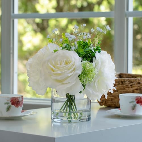 ENOVA FLORAL Artificial Rose Flowers in Vase, Mixed White Rose and Silk Peonies in Vase with Faux Water for Dining Table Centerpieces, Home Decor Indoor (FL-158-Cream) - color: Fl-158-cream