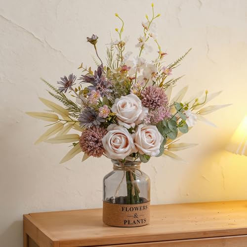16-inch Artificial Fake Flowers Silk Table Arrangements Faux Plastic Floral Centerpieces for Home Kitchen with Roses, Dandelions, Chrysanthemum, Phalaenopsis, Eucalyptus, Sages, Orchids - color: Champagne