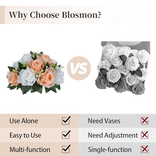 BLOSMON Flower Balls for Wedding Centerpieces: 10pcs 9.5 Inch Fake Rose | Peach Fuzz Kissing Balls Floral Arrangement for Table - Artificial Silk Bouquet with Base for Home Party DIY Decoration - color: Peach Fuzz & White