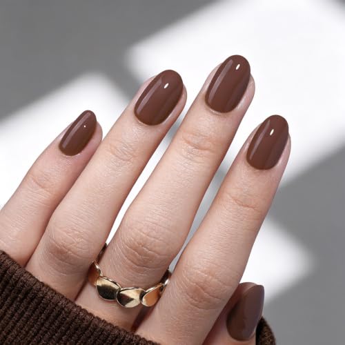 32Pcs Soft Gel Press on Nails for Women, Mocha Brown, Short Oval | Solid Color Glossy False Fake Nails Press Ons for Office Daily Wear, Salon Quality Reusable Glue & Stick on Nail Gift Kit - color: 5K-Mocha Brown