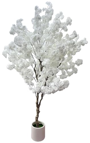Cherry Blossom Tree 7ft, White Artificial Cherry Tree Fake White Tree for Wedding Party Home Living Room Decor - size: 4ft 10in