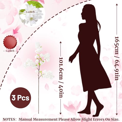 3 Pcs White Cherry Blossom Branches,40 inch Realistic Artificial Spring Flowers Long Stem, Fake Flowers for Tall Vase Home Outdoor Wedding, Party Table Centerpiece Floral Arrangements Decor - color: White