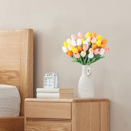 SITUMEIZI Fake Flowers Tulips Artificial PU Flower 15pcs Real Touch 14" for Spring Easter Home Kitchen Wedding Bouquet Bulk Mother's Gift Day Decorations(Multicolor,5-2) - color: White,pink,sunset Red,light Orange,yellow