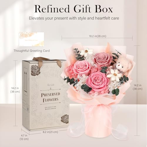 Preserved Flowers Bouquet with Bear, 3 Real Forever Flowers for Delivery, Long-Lasting Pink Eteranl Roses Bouquet, Anniversary Birthday Gifts for Women Mom Her Girlfriend Wife - color: Pink