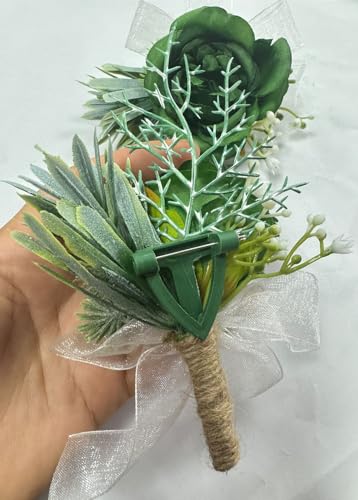 Rikyo Rose Wrist Corsage Wristlet Band and Men Boutonniere Set, Corsage for Prom, Bride Hand Flower, Wedding Flowers Ceremony, Wedding Party Prom Decor, Handmade Petals Hair Hat Wreath, Green - color: Green