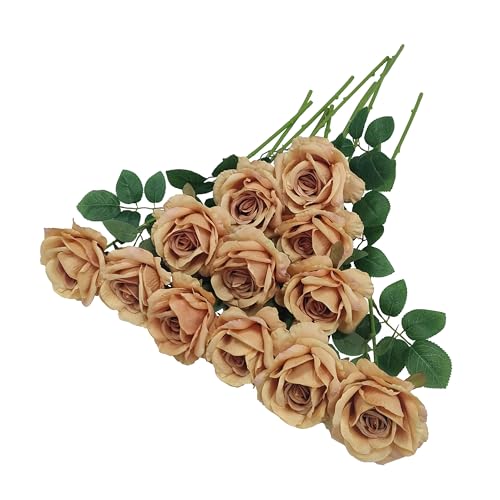 ATFL Fake Roses Artificial Flowers Bulk,Floral Diameter 4'',20 Pcs Artificial Silk Roses Flowers with Stems for Wedding Arrangement Centerpieces Party Home Table Decorations (20, Toffee) - color: Toffee
