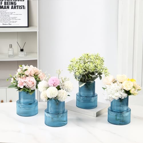 Ribbed Glass Vases, Set of 4 Small Vases for Flowers, Blue Glass Vase for Tulips, Modern Vase for Living Room, Kitchen, Office, Entryway, Bookshelf, Wedding Gifts, Birthday, 6 Inches - color: Blue, size: Ribbed 6 Inches (4-Pack)