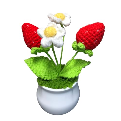 Joekaran Crochet Flowers Cute Little Potted Flower, Gift for Birthday, Teacher’s Day, Graduation, Anniversary, Christmas, Decor for Car Dashboard,Home Office Decoration (Strawberry) - color: Strawberry