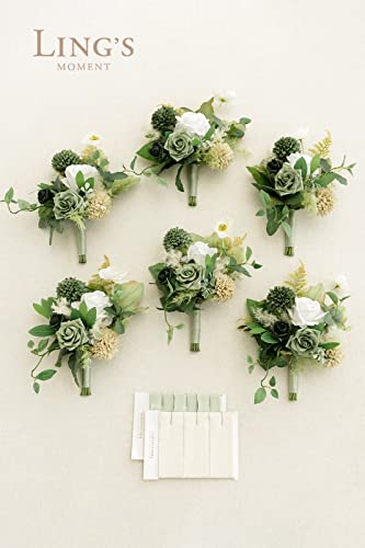 Ling's moment Artificial Flowers Green Bridesmaid Bouquet Set of 6, Emerald Beige Wedding Flowers Bouquets for Bridesmaids, 7 Inch Bridal Bouquets for Bridesmaids, Wedding, Ceremony, etc - color: Grn-emerald & Tawny Beige