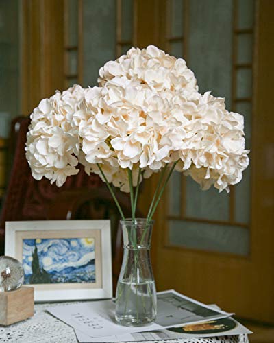 DuHouse Hydrangea Silk Flowers Large Artificial Flowers with Stem Fake Champagne Flower Heads for Wedding Centerpiece Home Decor Pack of 6 - color: Champagne