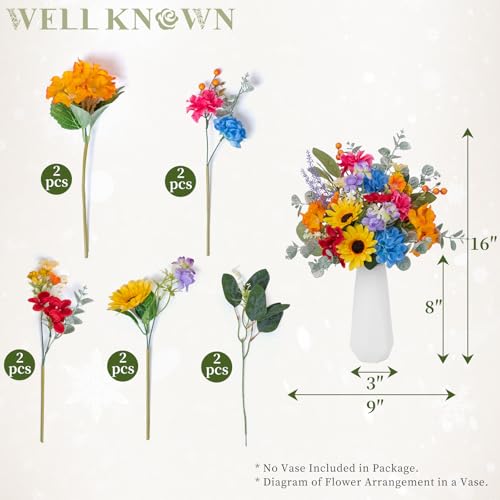 WELL KNOWN Artificial Flowers Bouquet, Colorful Spring Fake Flowers for Vase, Silk Faux Flowers DIY Table Centerpieces for Wedding Dining Room Kitchen Office Birthday Decor & Gift (Rainbow Sunflower) - color: Rainbow Colorful Sunflowers