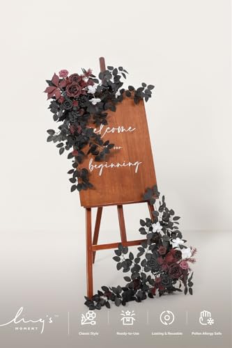 Ling's moment 2pcs Wedding Flowers Garland Artificial Floral Swag Arch Decorations Greenery Arrangements Black & Burgundy Ceremony Reception Garden Easel Wall Entryway Outdoor NOT Include Sign - color: Black & Burgundy