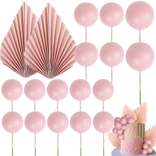 Rsstarxi 28 Pack Balls Cake Toppers Paper Palm Fan Cake Topper Mini Balloon DIY Cake Insert Cake Decorations for Baby Shower Wedding Bridal Shower Birthday Party Decorations Pink - color: Pink