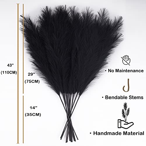 Faux Pampas Grass 6 Stems, Artificial Pampas Grass - 43 inch Total Extra Large Pompass Grass Tall Pompous Boho Flower Arrangement and Floor Vase Filler Home Decor for Room Wedding Party (Black) - color: Black