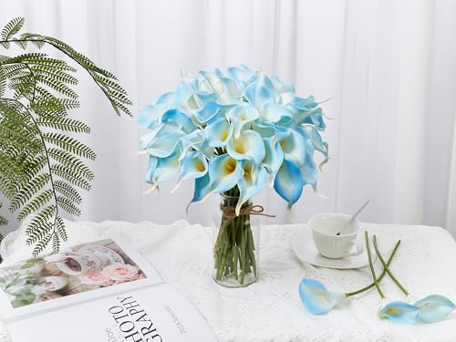 24 Pcs Artificial Calla Lily Flowers Light Blue Fake Silk Flowers Real Touch for Wedding Bouquet Office Home Kitchen Decor (White Blue) - color: White-blue