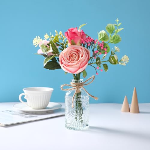 AFRITEE Flowers Bouquet in Small Vase - Pink Rose Artificial Fake Centerpiece Potted Flowers with Transparent Vase Set for House Dining Room Farmhouse Coffee Wedding Table - color: Pink Bouquet+relief Vase