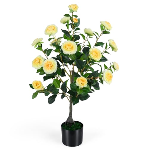 Goplus 35.5’’ Artificial Camellia Tree, Flower Plants Artificial Tree, Faux Floral Plant Blooming Tree in Cement Pot, Greenery Potted Plant for Indoor Outdoor Office Home Porch Decor - color: Yellow, size: 35.5 inch