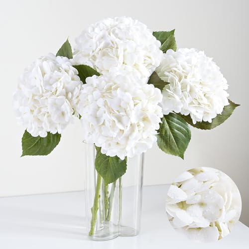 Artflower 4Pcs Real Touch Hydrangea Artificial Flowers, 22.5'' White Full Latex Faux Hydrangea Flowers for Home Floral Arrangements Wedding Bouquets Kitchen Table Centerpiece Decorations - color: White, size: 4 Pcs
