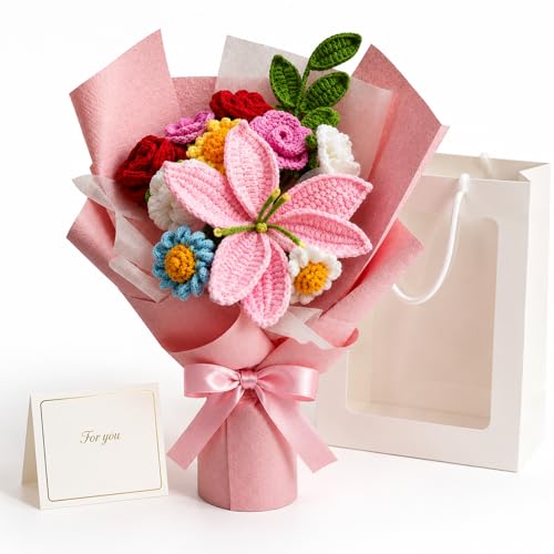 Handmade Crochet Flowers Pink Lily Bouquet with Roses and Daisies - 11 Stems Artificial Plant for Wife, Mother, Lover - Anniversary Birthday Graduation Valentine's Day Gift Wedding Home Decor - color: Pink