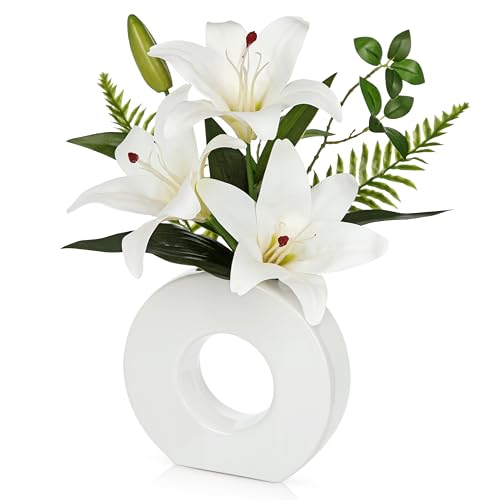 Artificial Flowers in Vase 13" Realistic Fake Lilies Flowers with 3 Heads Full Bloom Tiger Lily Floral Arrangement White Faux Flowers for Vase Table Centerpieces Home Wedding Bathroom Office Decor - color: White