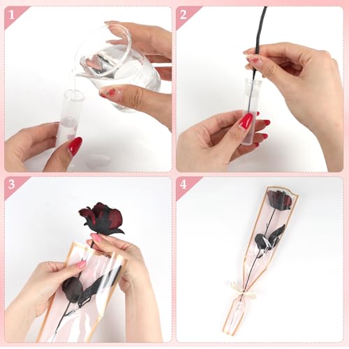 50 Pcs Flower Water Tubes with 50 Pcs Pink Single Rose Sleeve Holder for Bouquets with 72 Ft Ribbon Flower Vials Individual Single Stem Floral Wrapping Bag for Mother's Day Florist Supplies - color: Pink, size: single flower wrap