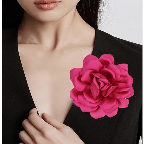 Large Flower Brooches Lapel Pins for Women Satin Fabric Brooches Big Camellia Flower Brooch Pins Wedding Part Dance Clothes Accessories Jewelry Gifts - color: rose red