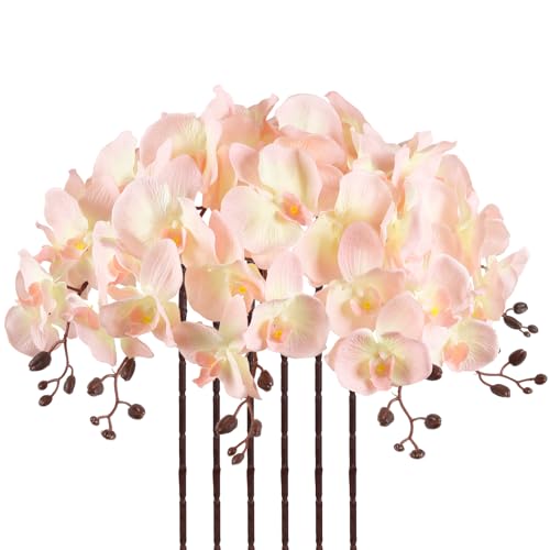41.34" Orchid Artificial Flowers 6PCS Velvet Silk Faux Orchids Long Stem Artificial Flowers for Tall Vase for Home Wedding Party Decoration(Peach) - color: Peach