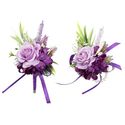 2 Pcs Wrist Corsage and Boutonniere Set, Deep Purple Corsage for Wedding, Boutonniere for Men Artificial Rose Flower Wristlet Bracelet Prom Ceremony Anniversary Accessories Decor Suit - color: Deep Purple