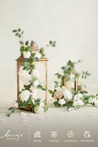 Ling's moment 6Pack 1.8ft Artificial Flower Garlands White Rose Lantern Flower Arch Floral Centerpieces Wedding Aisle Chair Flowers for Signs Table Window Cake Decoration（not Including Lanterns） - color: Wht-white & Sage