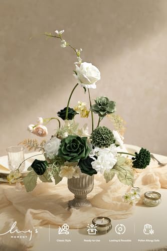 Ling's moment Fake Flowers Box, Faux Artificial Greenery Stems Foam Roses Dahlia Silk Ranunculus Fabic Flower for Centerpieces Bouquet Wedding Vase Decorations, Emerald & Tawny Beige, Grand Combo - color: Grn-emerald & Tawny Beige, size: Grand