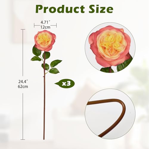 Artificial Roses - Set of 3 Long-Stem Real Touch Silk Roses, 24.4" Faux Flowers for Home Decor, Wedding Bouquets, Centerpieces & Floral Arrangements – Lifelike Yellow Pink Fake Roses - color: Yellow Pink
