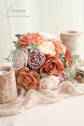 Floroom Terracotta Artificial Flowers Burnt Orange Fake Roses Peonies Dahlia Greenery Combo Box Set for DIY Wedding Bouquets Bridal Shower Centerpieces Floral Arrangements Party Tables Home Decoration - color: Amber Terracotta