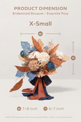 Ling's moment Artificial Bridesmaid Bouquets Set of 6,Brown Wedding Flower Bouquets Navy Blue Floral Bouquet Bridal Bouquets with Ribbon Ceremony Anniversary,7-inch Diameter - color: Or-orange & Navy Blue