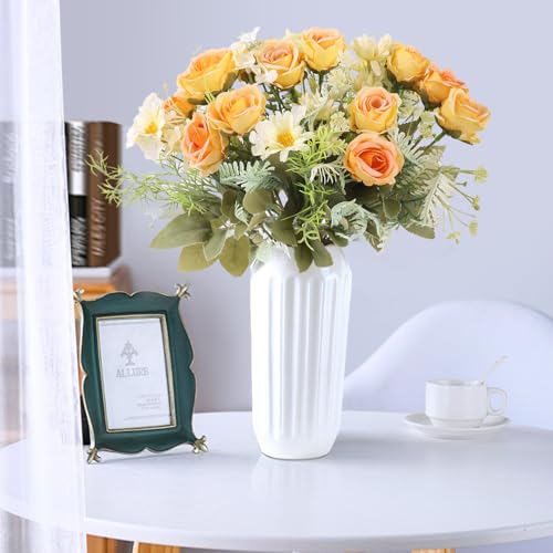 Artificial Silk Fake Flowers Bouquet Fake Roses Flowers Faux Flower Arrangement Wedding Bride Bouquets for Home Centerpieces Decor(Yellow) - color: Yellow